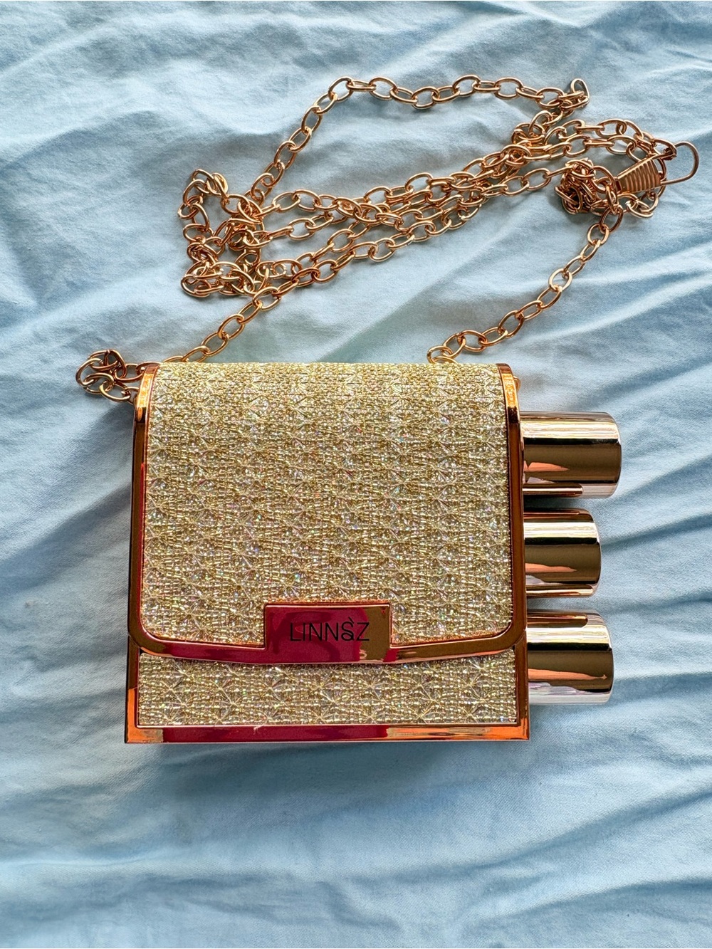 Gold Glitter Chain Crossbody small cosmetic Bag three tubes of lipstick included - Picture 3 of 10